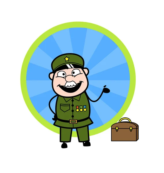 Happy Cartoon Military Man Presenting — Stock Vector