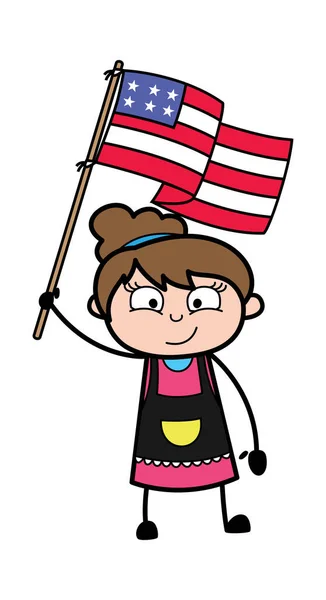 Cartoon Beautician Εκμετάλλευση Σημαία Των Ηπα — Διανυσματικό Αρχείο