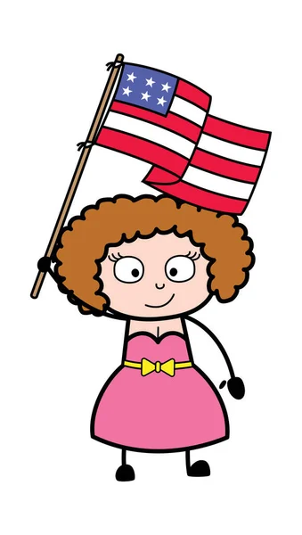 Γελοιογραφία Νεαρή Κυρία Κρατώντας Σημαία Των Ηπα — Διανυσματικό Αρχείο