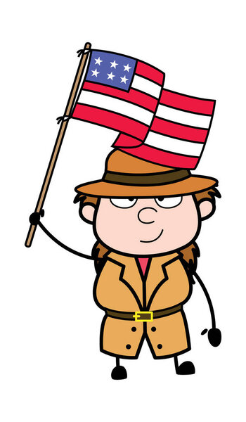 Cartoon Investigator holding Flag of USA