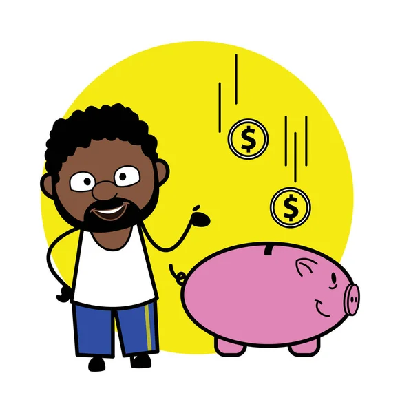 Cartoon African American Man Sparar Pengar Sparbössa — Stock vektor