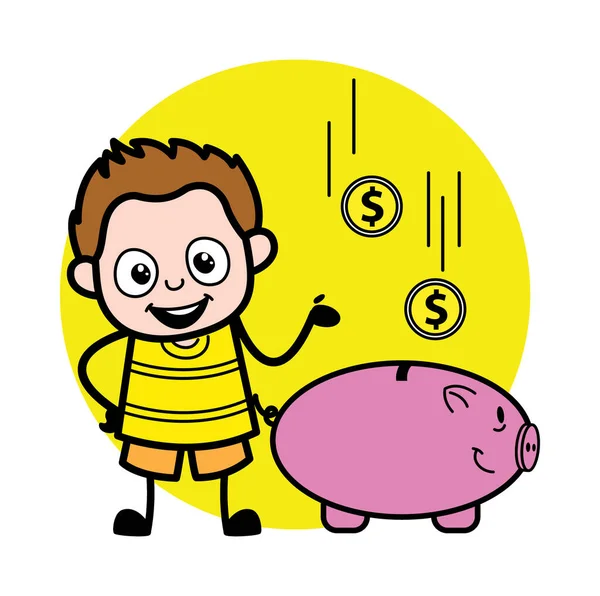 卡通小男孩在储蓄罐里存钱 — 图库矢量图片