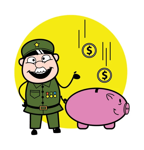 Cartoon Military Man Saving Money Piggy Bank — Stock Vector