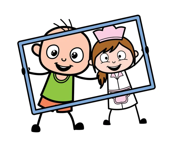 Çizgi filmdeki kel çocuk garson kızla karede.