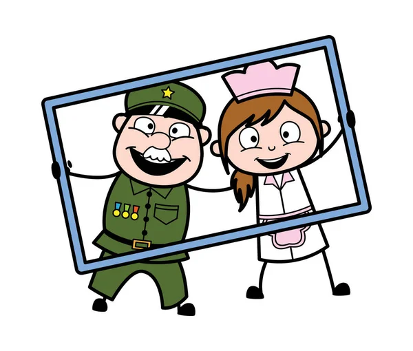 与女服务员合影的卡通军人 — 图库矢量图片