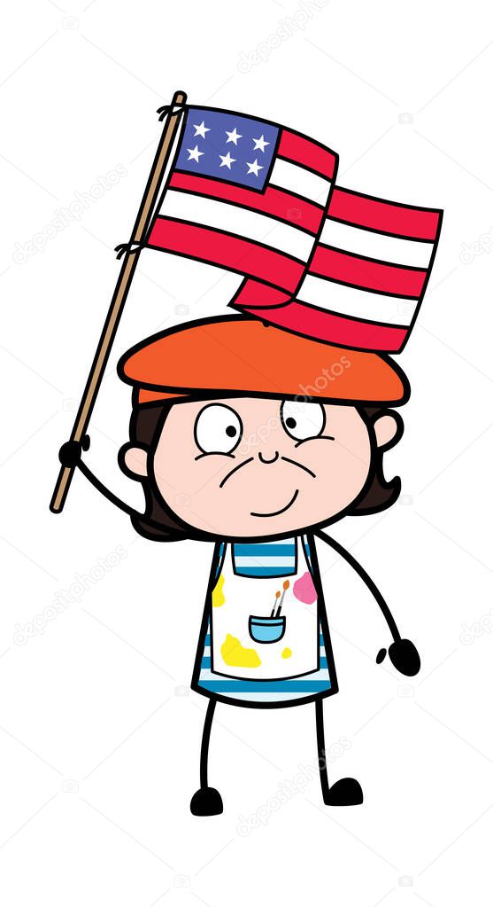 Cartoon Artist holding Flag of USA