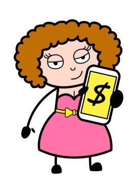 Cep telefonunda para gösteren genç bayan çizgi filmi.