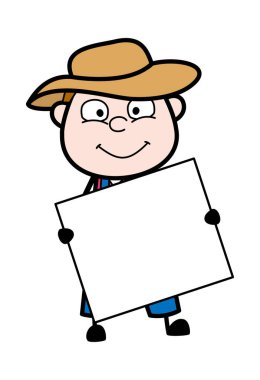 Çizgi film çiftçisi elinde bir pankart tutuyor.