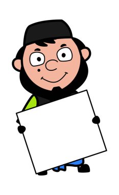 Çizgi filmdeki Müslüman adam elinde bayrak tutuyor.