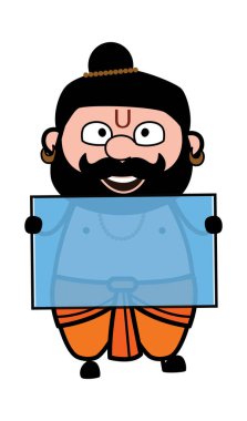 Pandit çizgi filmi elinde cam bir pankart tutuyor.