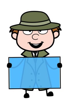 Çizgi film casusu elinde cam bir pankart tutuyor.