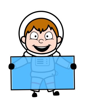 Çizgi film astronotu elinde cam bir pankart tutuyor.