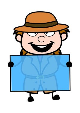 Çizgi film müfettişi elinde cam bir pankart tutuyor.