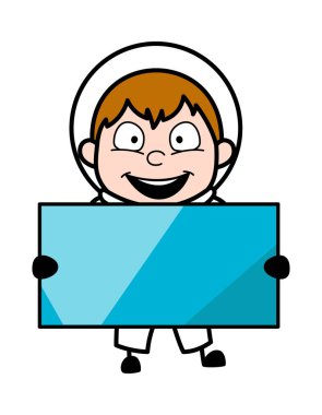 Çizgi film astronotu elinde parlak bir bayrak tutuyor.