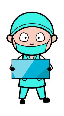 Çizgi cerrah elinde parlak bir pankart tutuyor.