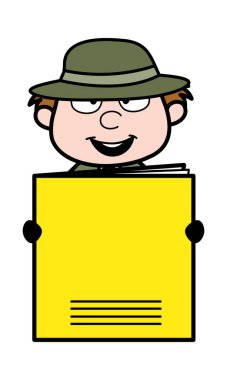 Çizgi film casusu elinde kağıt bir afiş tutuyor.