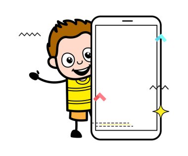 Boş cep telefonu ekranı olan çizgi film çocuğu.