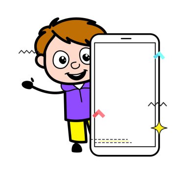 Boş cep telefonu ekranı olan çizgi film çocuğu