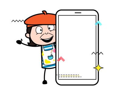 Boş cep telefonu ekranı olan çizgi film sanatçısı