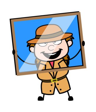 Çizgi film müfettişi cam çerçeveden bakıyor.