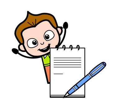 Günlüğü ve kalemi olan karikatür öğrencisi.