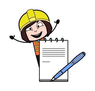 Günlük ve kalemle Karikatür Kadın Mühendisi