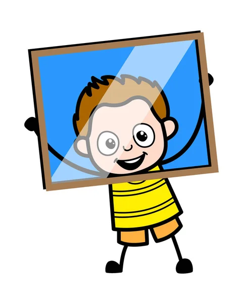 Cartoon Young Boy Schaut Aus Glasrahmen — Stockvektor