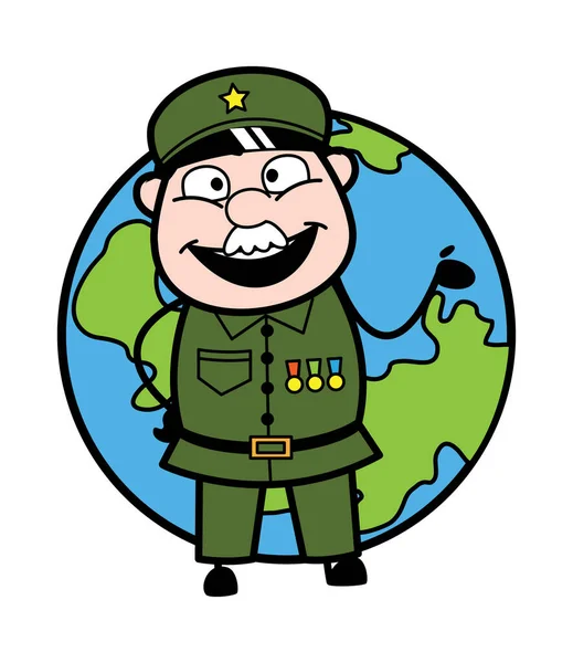 Desenhos Animados Militar Homem Com Planeta Terra —  Vetores de Stock