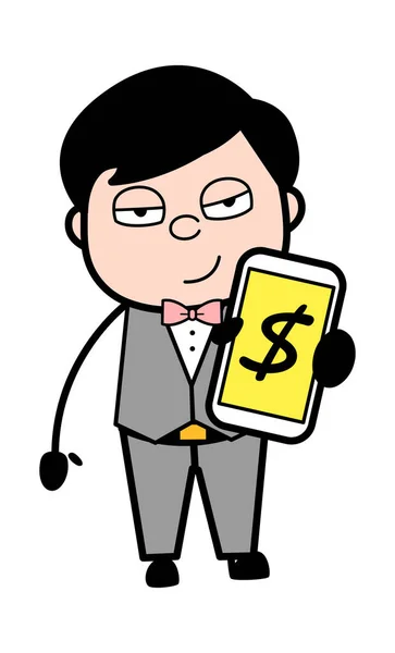 携帯電話でお金を示す漫画の新郎 — ストックベクタ