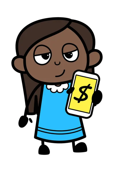 携帯電話でお金を示す漫画黒の女の子 — ストックベクタ
