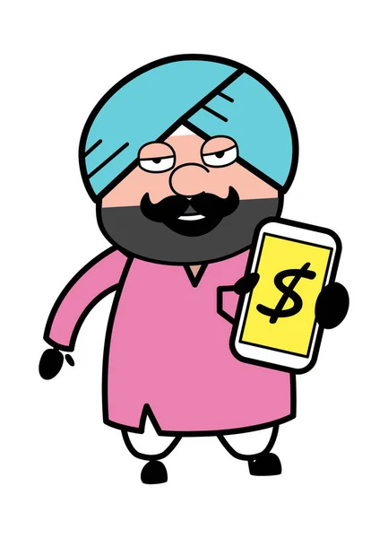 Cartoon Cute Sardar Wyświetlanie Pieniędzy Telefonie Komórkowym — Wektor stockowy