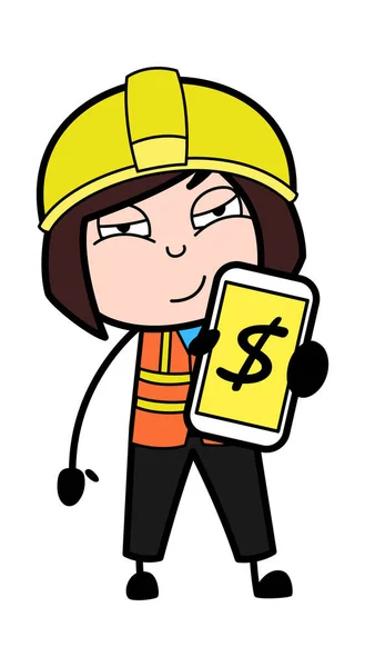 Cartoon Lady Engineer Toont Geld Mobiele Telefoon — Stockvector