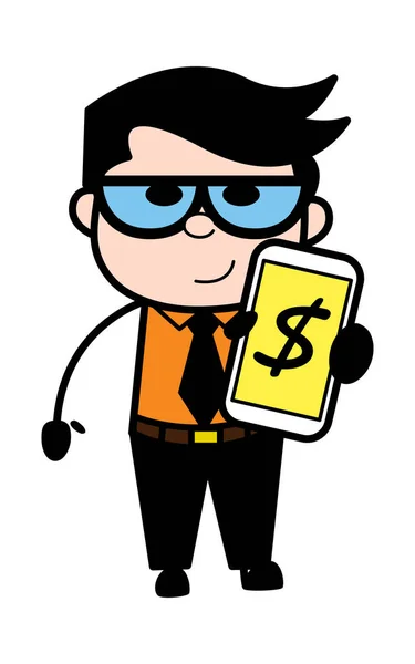 携帯電話でお金を示す漫画のビジネスマン — ストックベクタ
