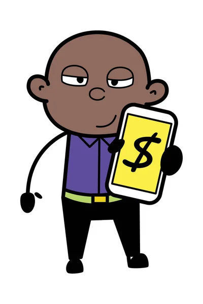 Tecknad Serie Bald Black Visar Pengar Mobiltelefon — Stock vektor