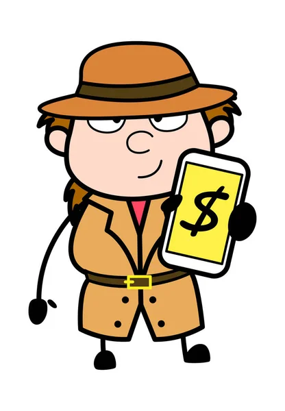 Caricature Enquêteur Montrant Argent Dans Téléphone Portable — Image vectorielle