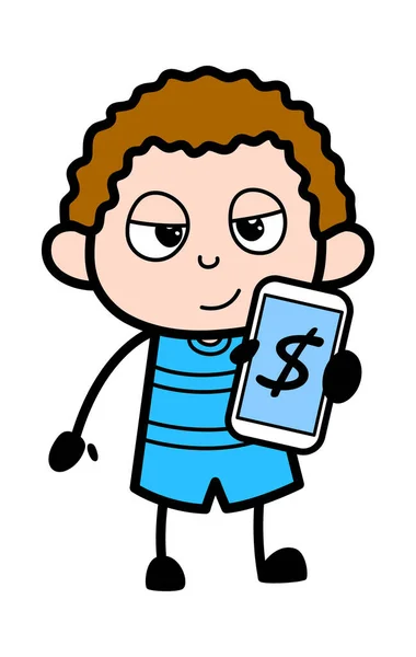 携帯電話でお金を示す漫画の子供 — ストックベクタ