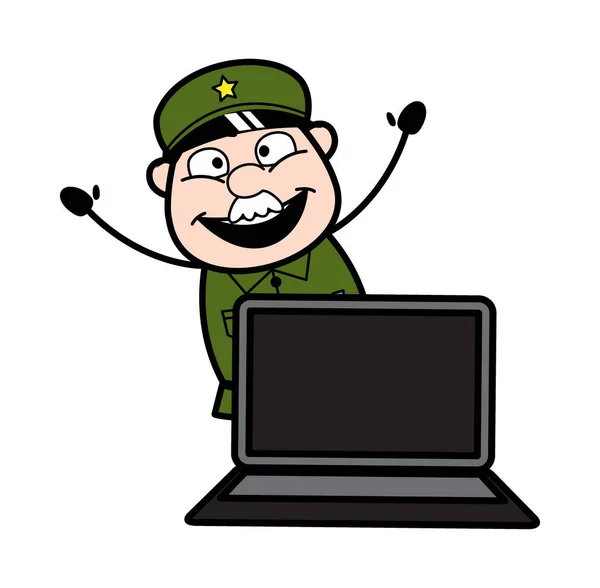Cartoon Military Man Laptop — Stock Vector