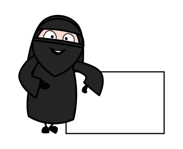 Cartoon Moslim Vrouw Met Lege Banner — Stockvector