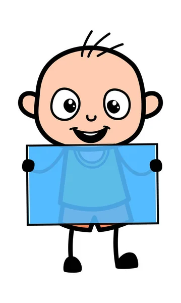 Desenhos Animados Bald Boy Segurando Banner Vidro — Vetor de Stock