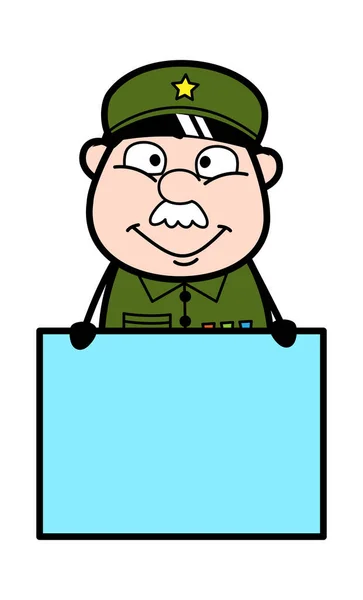 Desenhos Animados Militar Homem Mostrando Placa Branco —  Vetores de Stock