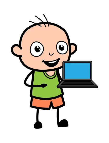 Apresentação Menino Careca Desenhos Animados Laptop —  Vetores de Stock