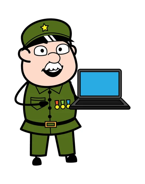 Cartoon Military Man Presentation Laptop — Stock Vector