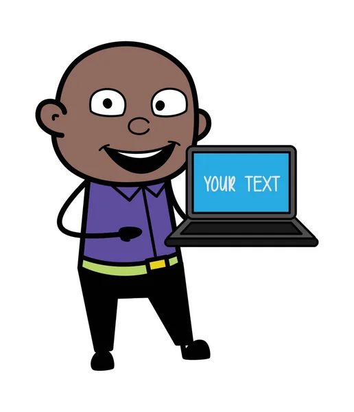 Cartoon Cartoon Bald Black Presentatie Laptop — Stockvector