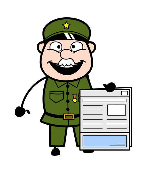 Homem Militar Dos Desenhos Animados Segurando Jornal —  Vetores de Stock