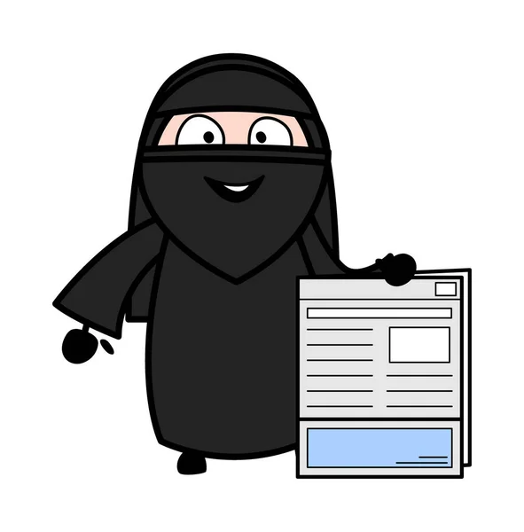 Desenhos Animados Mulher Muçulmana Segurando Jornal —  Vetores de Stock