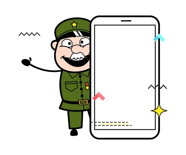 Homem Militar Dos Desenhos Animados Com Tela Telefone Celular Vazia —  Vetores de Stock