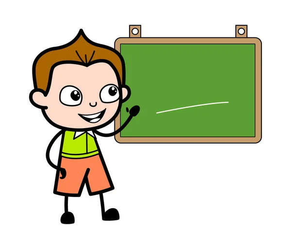 Cartoon Schooljongen Met Klaslokaal Bestuur — Stockvector