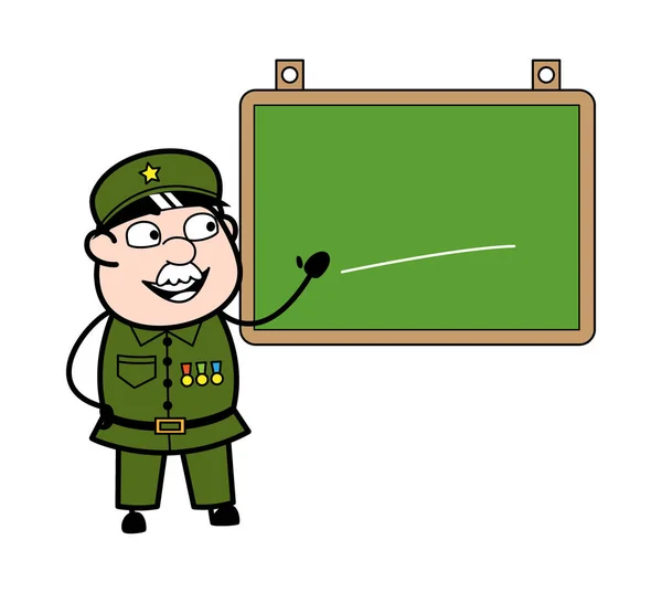 Homem Militar Dos Desenhos Animados Com Placa Sala Aula —  Vetores de Stock