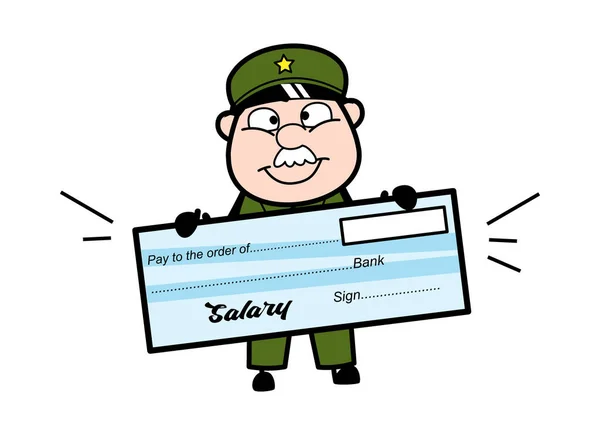 Cartoon Military Man Holding Paycheck — Stock Vector