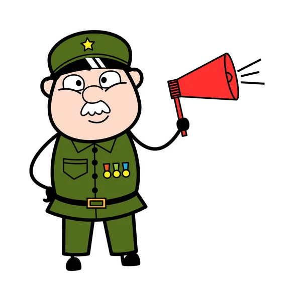 Homem Militar Dos Desenhos Animados Anunciando Com Loudhailer —  Vetores de Stock